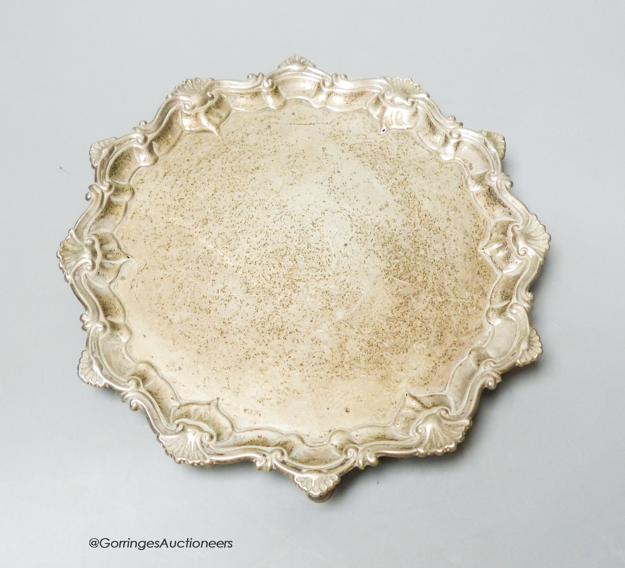 A late George II silver salver, with shell and scroll border, Richard Rugg I, London, 1756, 23.2cm, 14oz.